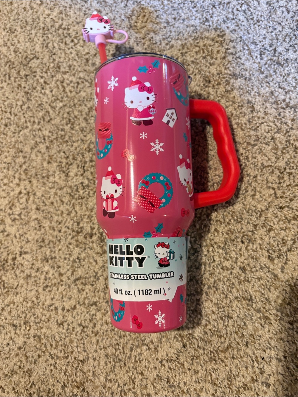 NWT Hello Kitty Pink Holiday Stainless Steel Tumbler with Handle, Topper - 40 oz